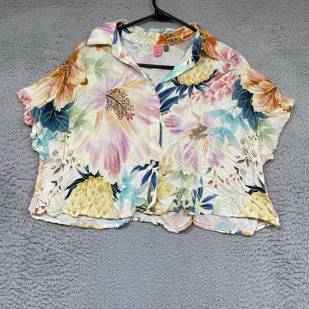 Farm Rio Crop Top Womens XL Floral Button Up Cropped Tropical Hawaiian Beachy